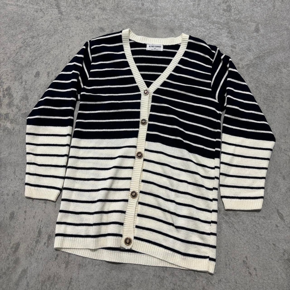 Alfred Dunner USA White & Blue Striped Cardigan Sweater Women's Small Made in US